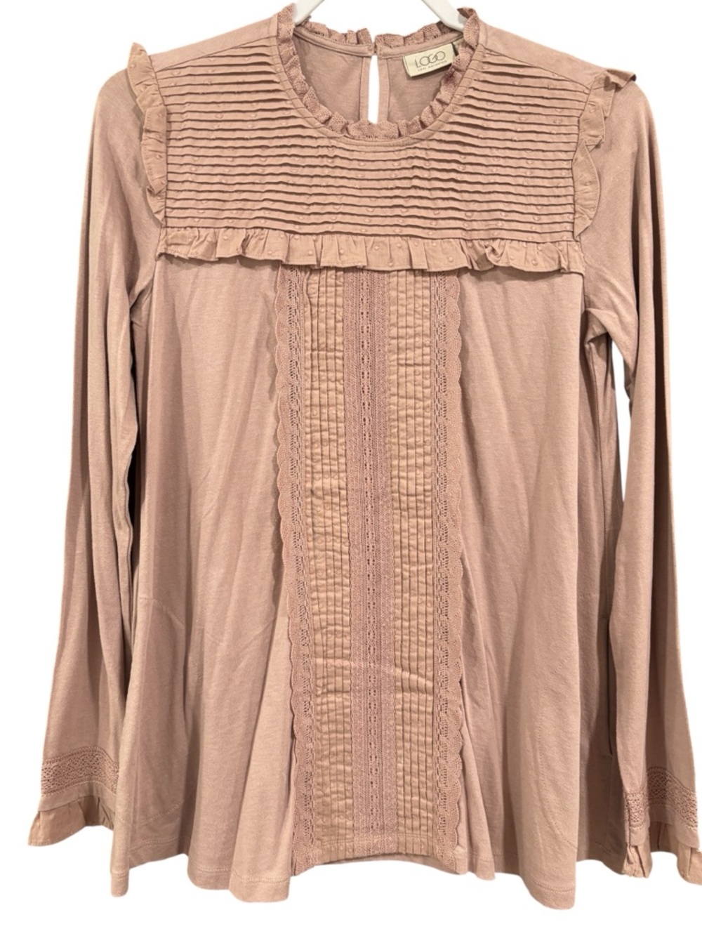 LOGO Lori Goldstein XXS Petite Blush Lace Ruffle Boho Top Long‎ Sleeve Feminine
